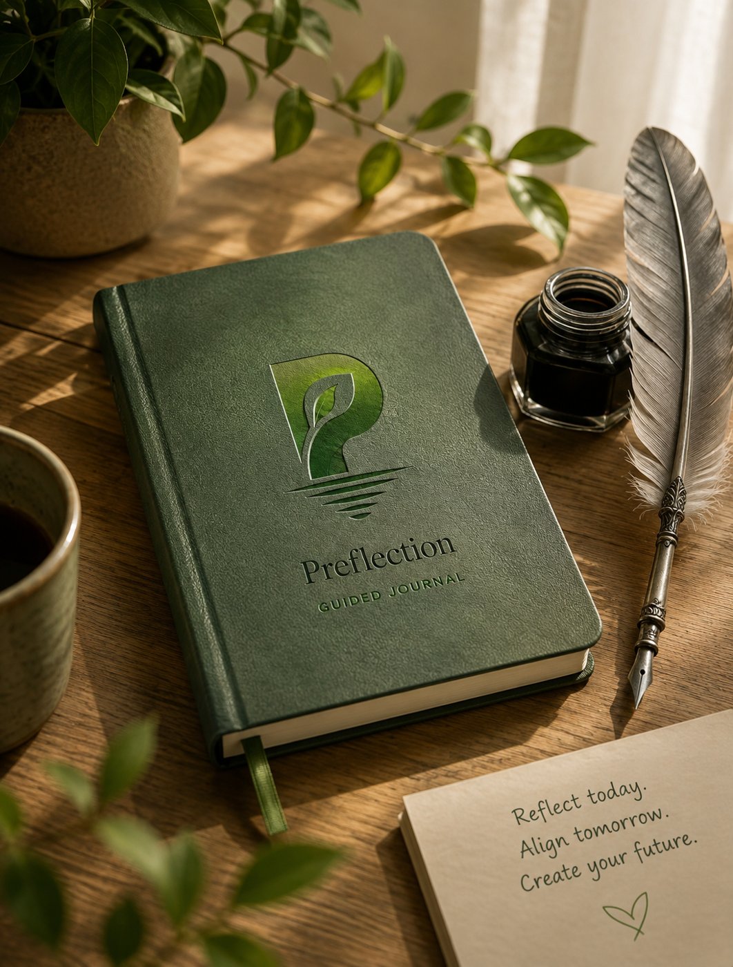 A green leather Preflection guided journal on a wooden desk beside an ink pot and feather quill
