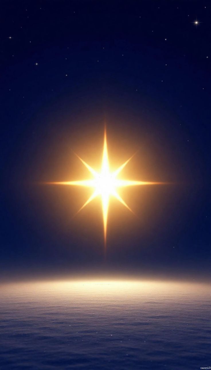 A luminous golden North Star glowing above a still, snowy horizon under a deep night sky