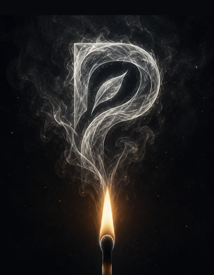 A single match burning, its smoke curling upward into the shape of the Preflection leaf emblem