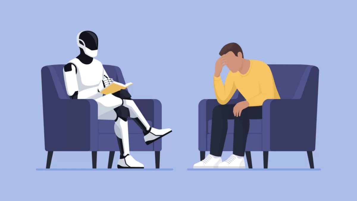 An illustration of a person sitting with their head in their hand across from a humanoid robot holding a notebook